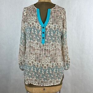 Nick & Mo Tunic Blouse Top Size Small Cream Print Long Length